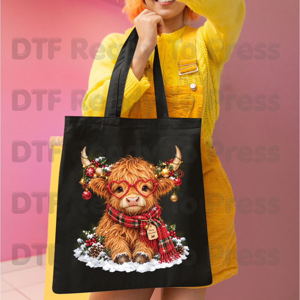 Christmas DTF Transfer, Highland Cow with Heart Glasses, Scarf and Ornaments