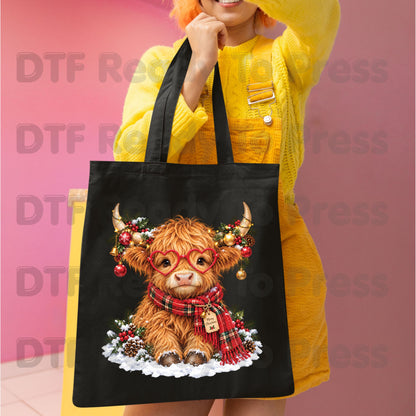 Christmas DTF Transfer, Highland Cow with Heart Glasses, Scarf and Ornaments