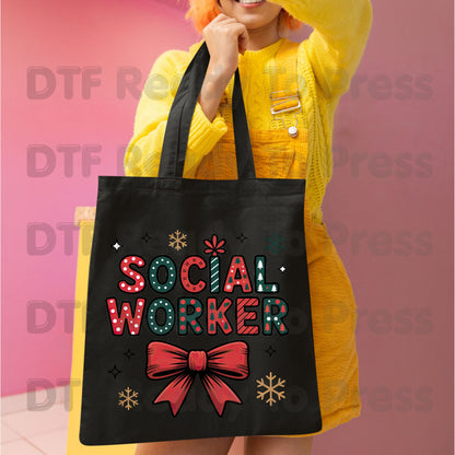 Christmas Social Worker Bow DTF Transfers, Community Snowflake Polka Dot Holiday Ready to Press