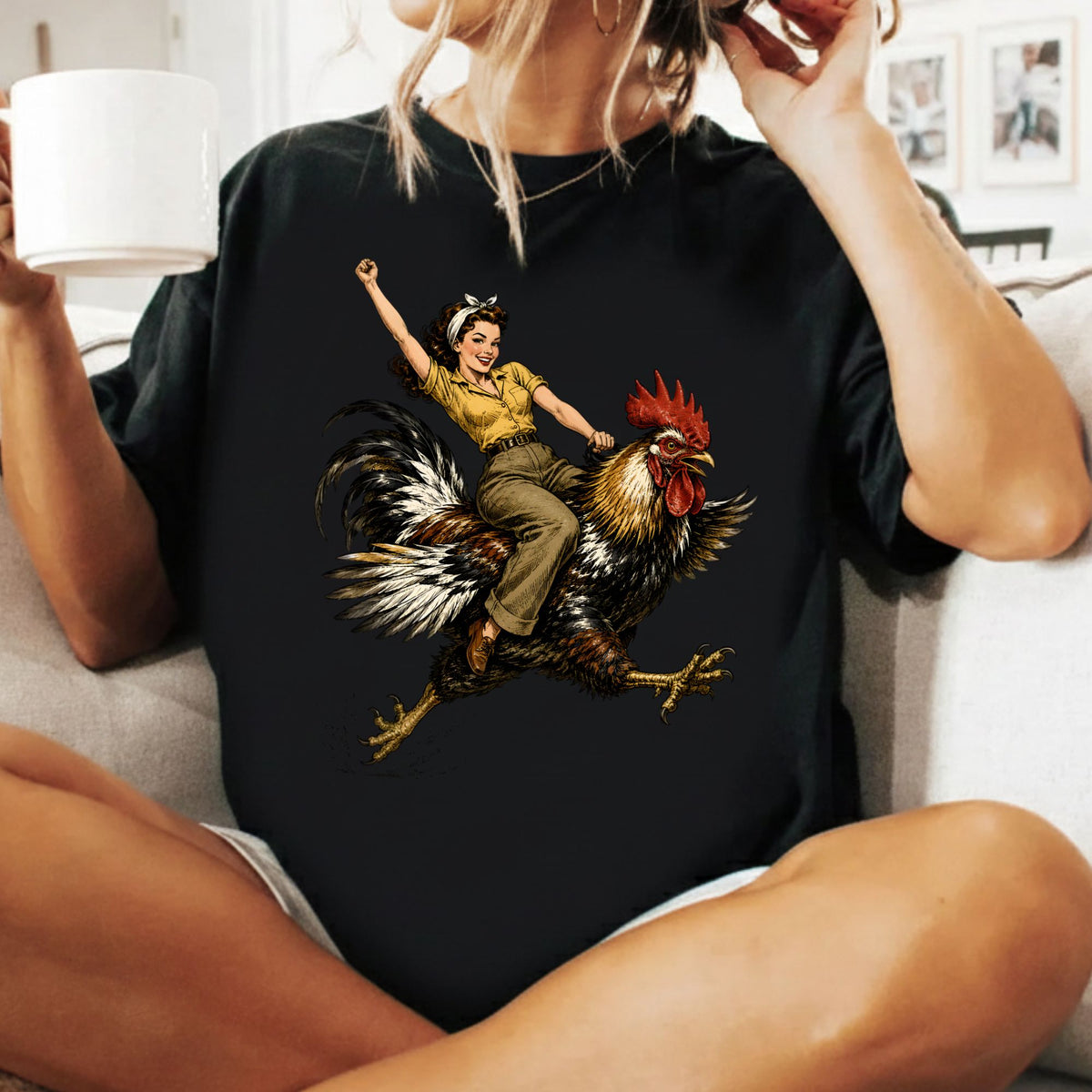 Vintage Woman Riding Rooster T-Shirt, Funny Country Farmhouse Chicken Graphic Tees