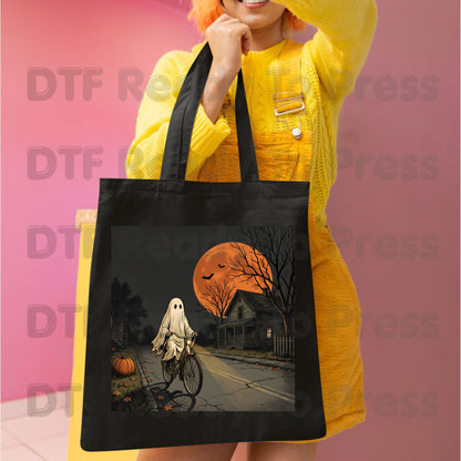 Ghost Riding Bike DTF Transfers, Orange Harvest Moon Haunted House Halloween Ready to Press