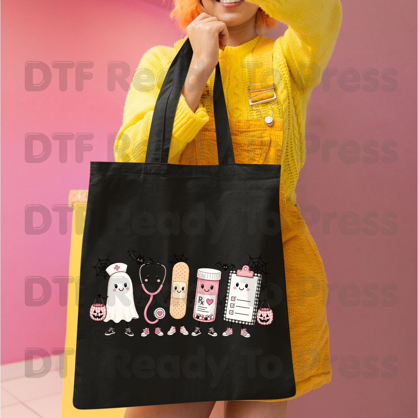 Pink Spooky Nurse Squad DTF Transfers, Halloween Ghost Stethoscope Medical Bandage Ready to Press