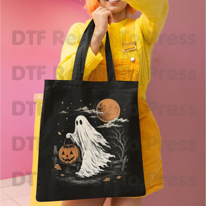 Vintage Halloween Ghost DTF Transfers, Jack O Lantern Full Moon Sepia Neutral Tones Spooky Fall Ready to Press