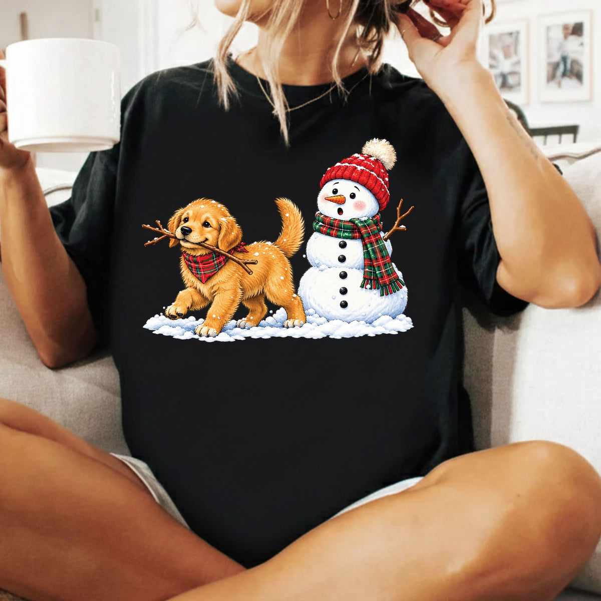 Golden Retriever Christmas T-Shirt, Puppy and Snowman Plaid Scarf Tee, Cute Winter Sweatshirt