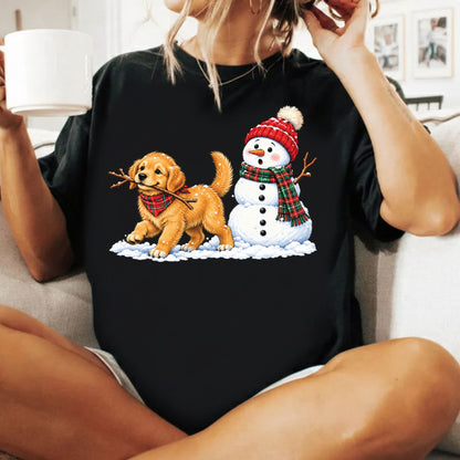 Golden Retriever Christmas T-Shirt, Puppy and Snowman Plaid Scarf Tee, Cute Winter Sweatshirt