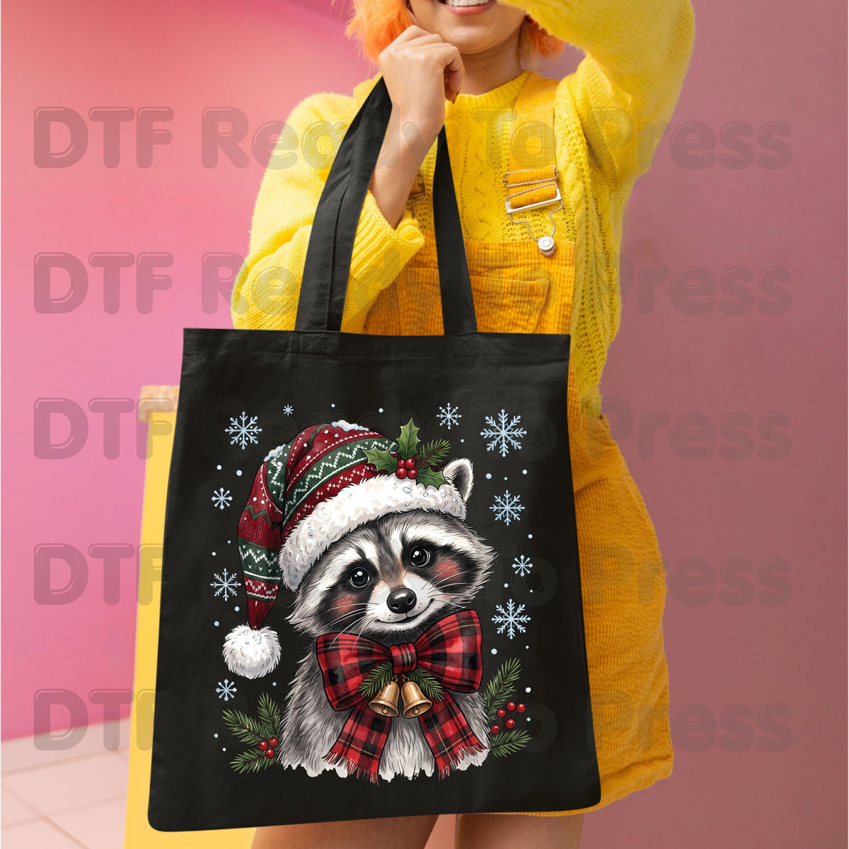 Christmas DTF Transfer, Raccoon Santa Hat, Buffalo Plaid Bow and Bells Graphic