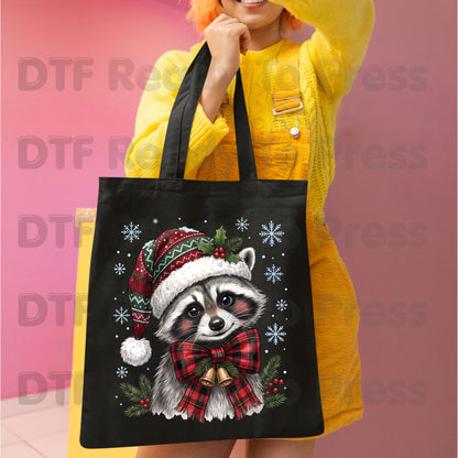 Christmas DTF Transfer, Raccoon Santa Hat, Buffalo Plaid Bow and Bells Graphic