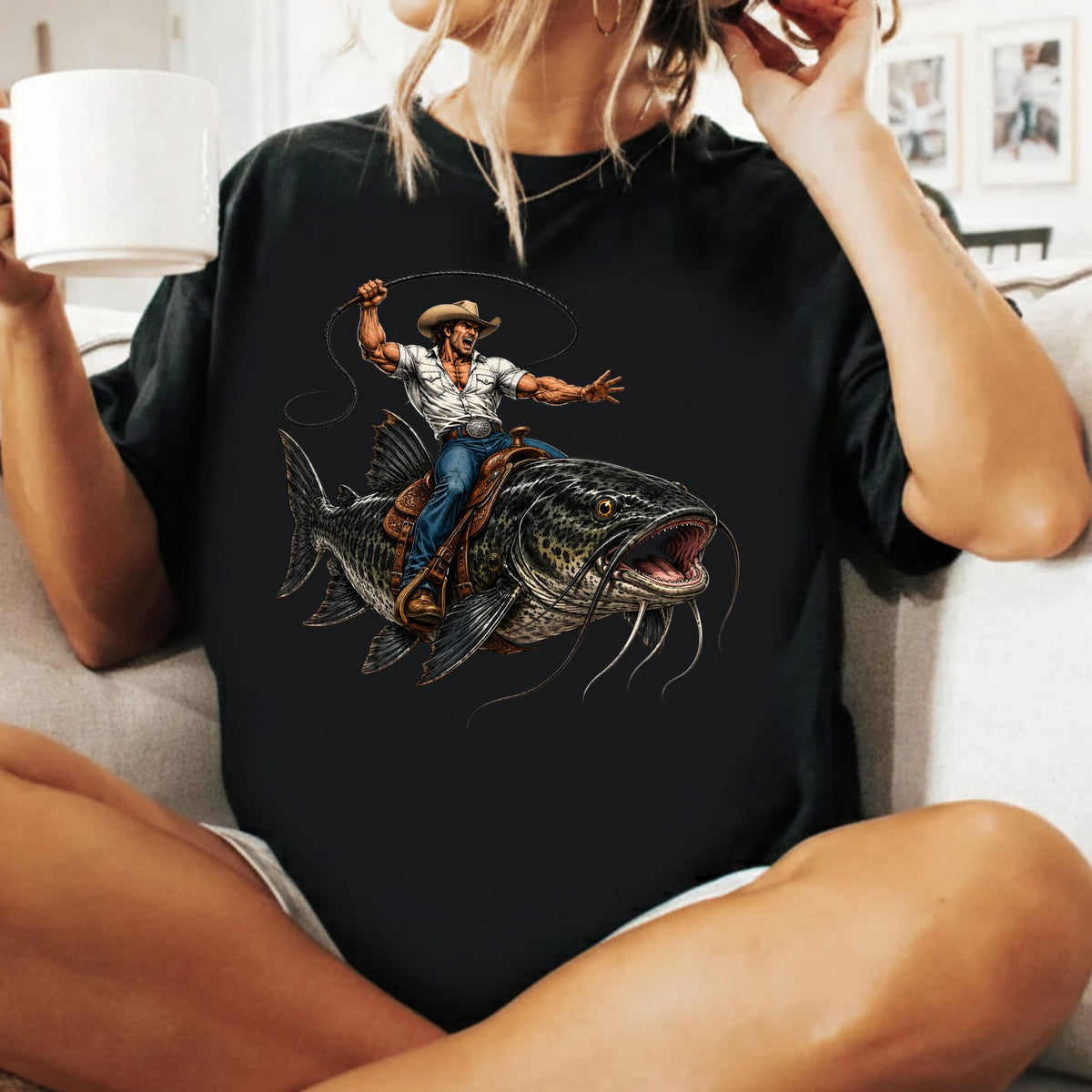 Cowboy Riding Catfish T-Shirt, Funny Fishing Rodeo Southern Graphic Tee for Toddler and Kids