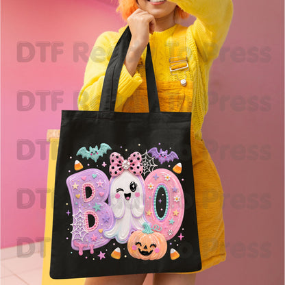 Pastel Cute Ghost Halloween BOO DTF Transfers, Pink Purple Bow Pumpkin Candy Corn Kids Girls Ready to Press