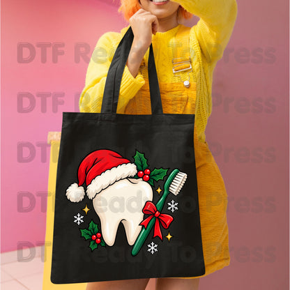 Christmas Tooth Santa Hat DTF Transfers, Dental Holiday Toothbrush Dentist Graphic Ready to Press
