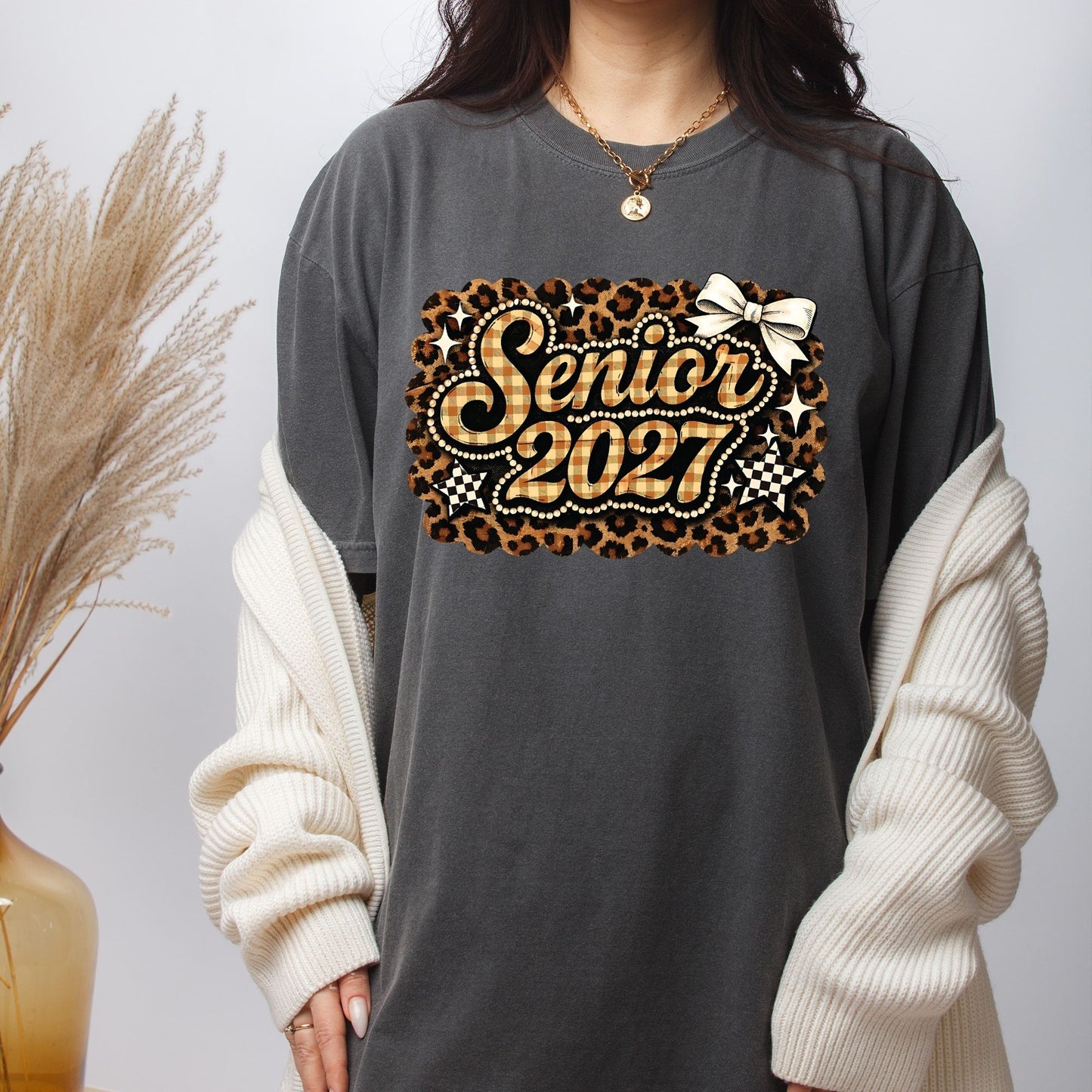 Senior 2027 DTF Transfer Ready to Press Graduation Heat Transfer for Shirts Brown Plaid Leopard Pearl Bow Stars Graphic Tee