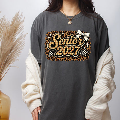 Senior 2027 DTF Transfer Ready to Press Graduation Heat Transfer for Shirts Brown Plaid Leopard Pearl Bow Stars Graphic Tee