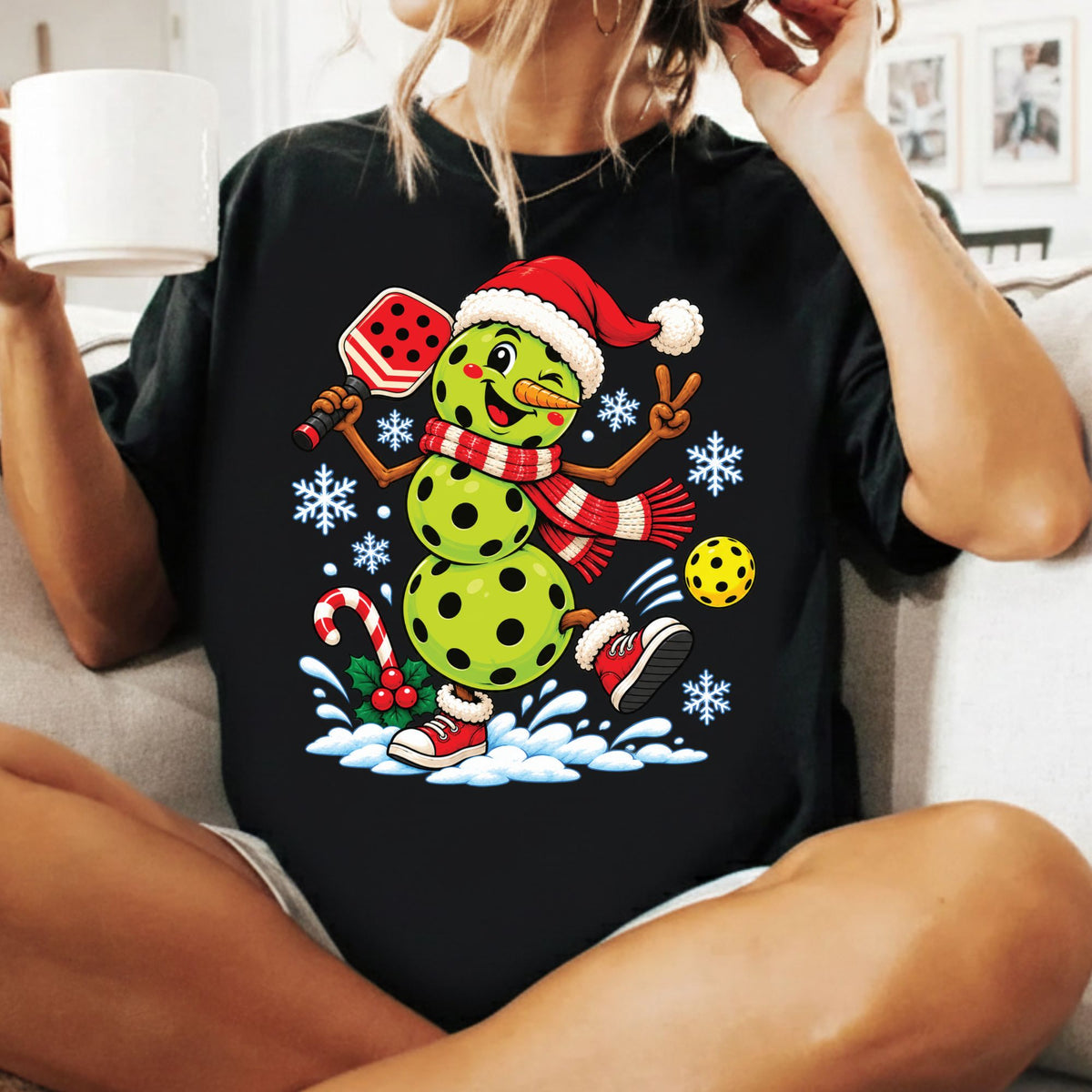 Pickleball Snowman Christmas T-Shirt, Santa Hat and Paddle Graphic Tee, Funny Holiday Sports Shirt
