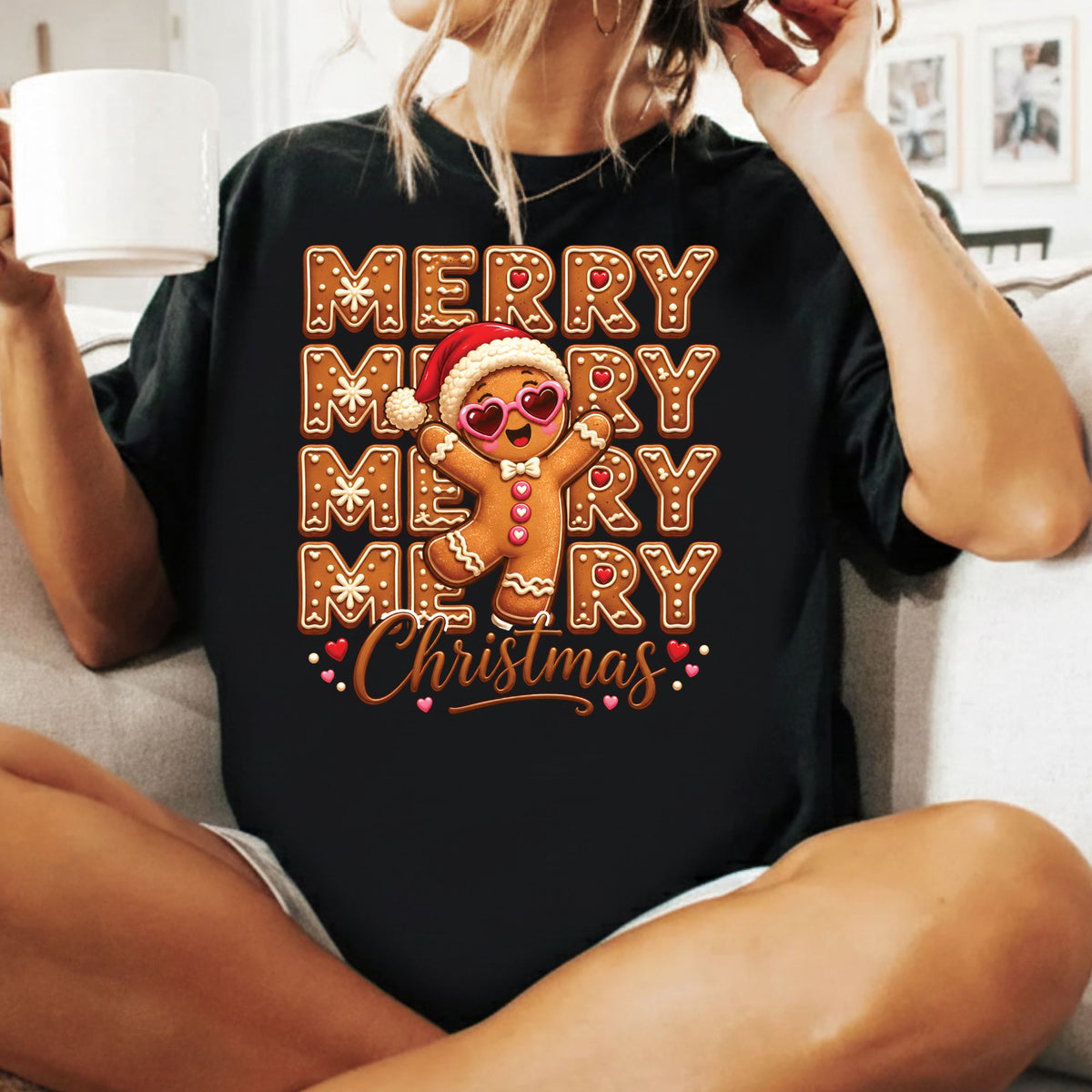 Funny Gingerbread Christmas T-Shirt, Merry Gingerbread Man with Sunglasses Graphic Tee, Cute Holiday Shirt