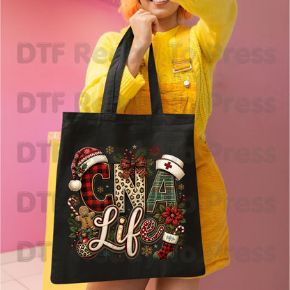 Christmas CNA Life DTF Transfers, Holiday Nurse Hat Plaid Leopard Medical Graphic Ready to Press