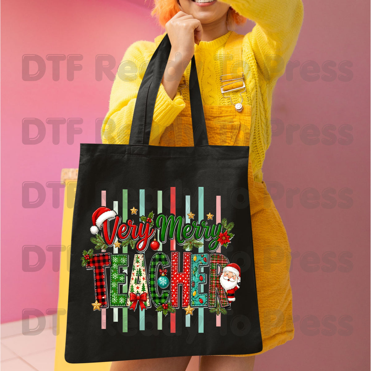 Very Merry Teacher DTF Transfers, Christmas School Plaid Santa Striped Graphic Ready to Press