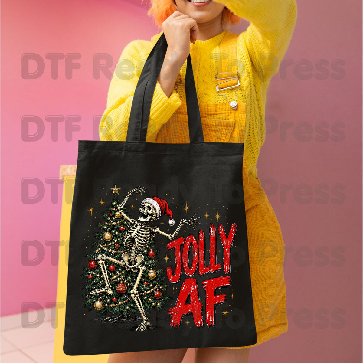 Jolly AF Skeleton DTF Transfers, Santa Hat Christmas Tree Funny Holiday Ready to Press