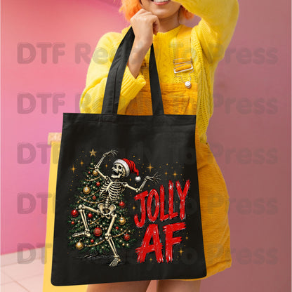 Jolly AF Skeleton DTF Transfers, Santa Hat Christmas Tree Funny Holiday Ready to Press