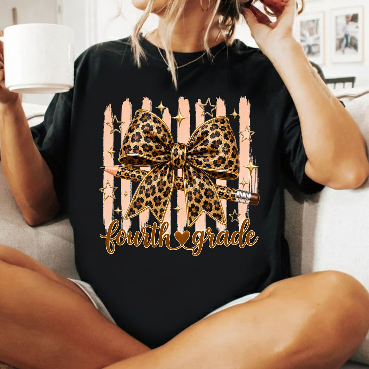 Fourth Grade Leopard Bow Pencil T-Shirt, Cute Back to School Tee for Toddler and Kids