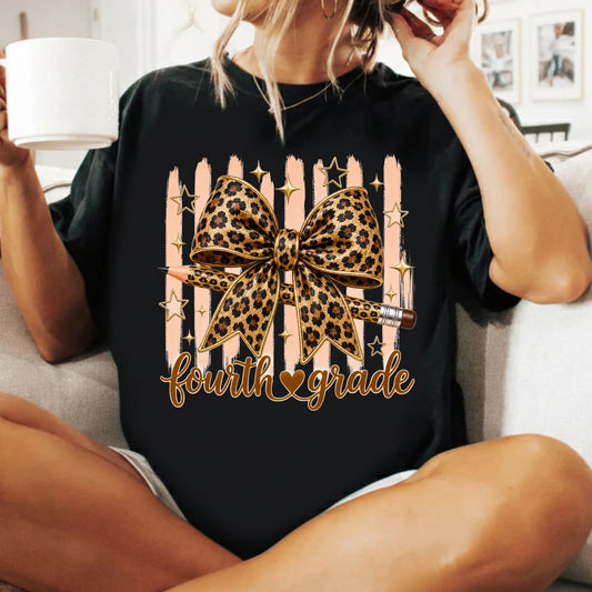 Fourth Grade Leopard Bow Pencil T-Shirt, Cute Back to School Tee for Toddler and Kids