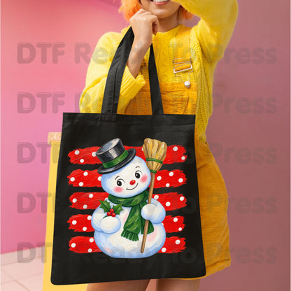 Vintage Snowman DTF Transfers, Top Hat Broom Red Polka Dot Christmas Holiday Ready to Press