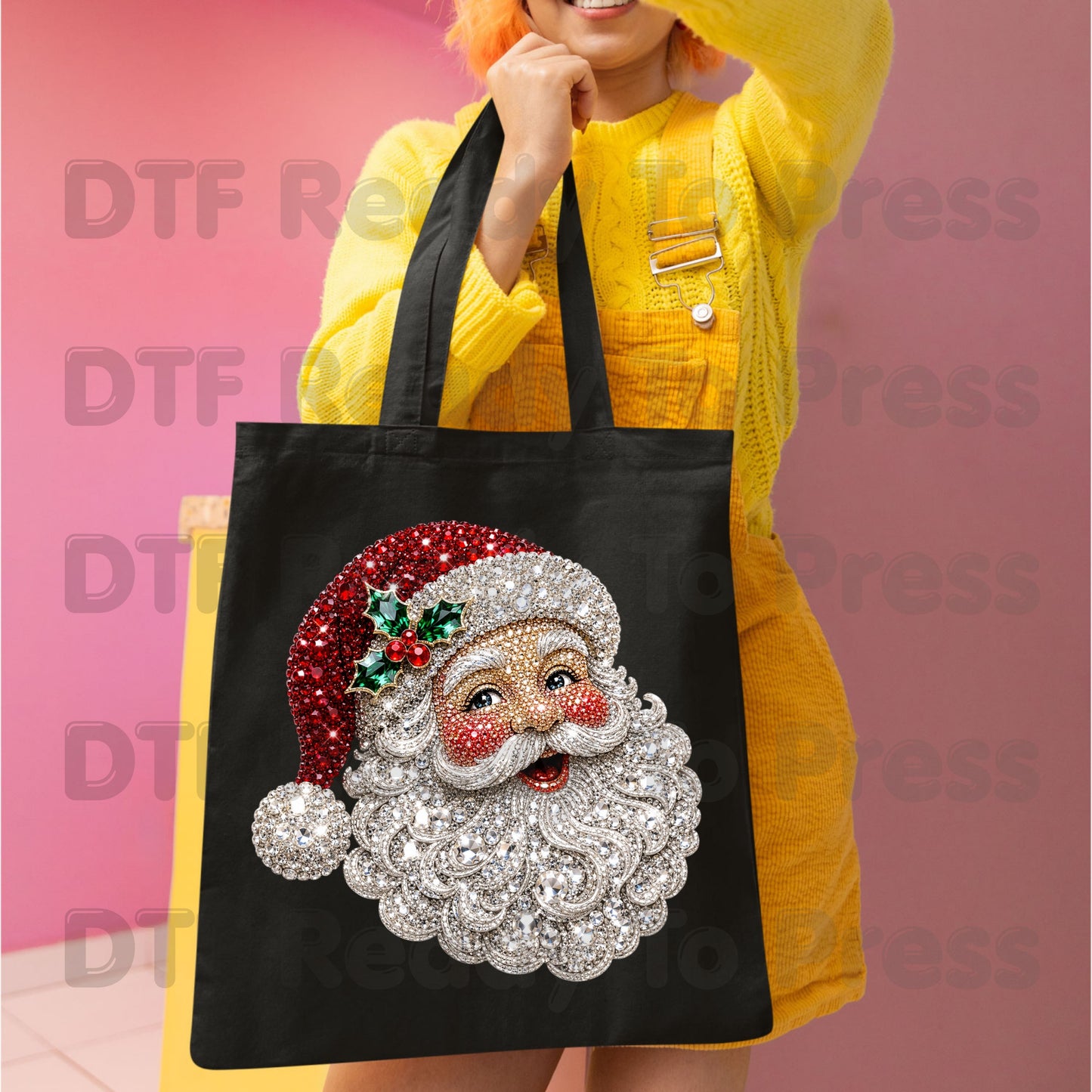 Christmas Santa Claus DTF Transfers, Vintage Bejeweled Rhinestone Santa Head Festive Holiday Ready to Press