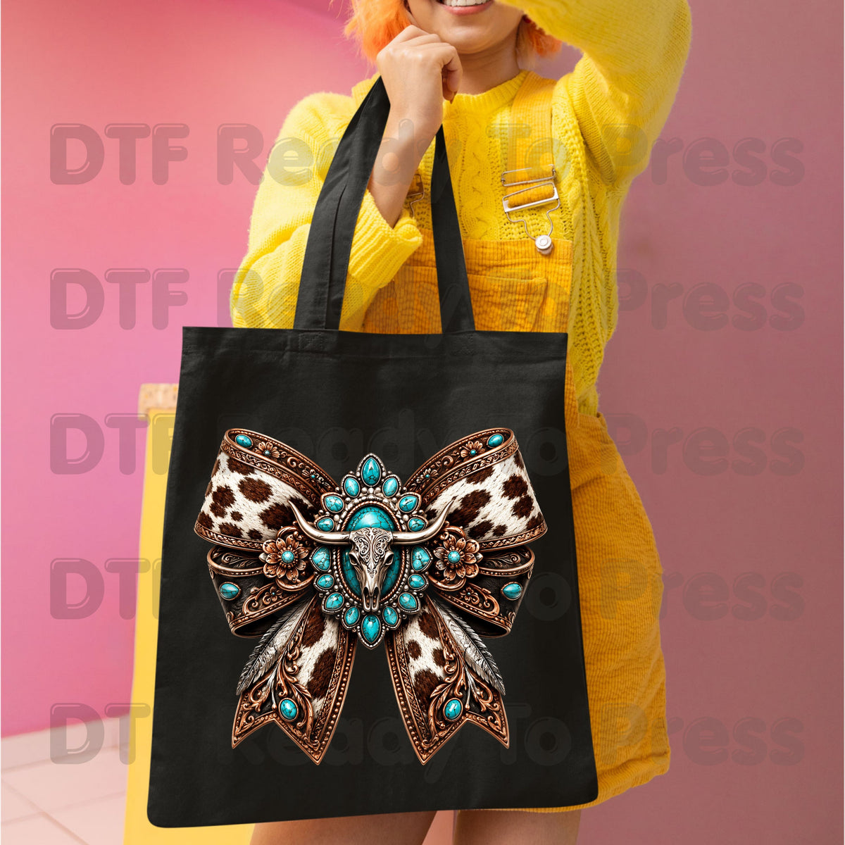 Western Bow DTF Transfers, Turquoise Longhorn Skull Cowhide Coquette Bow Cowgirl Ready to Press