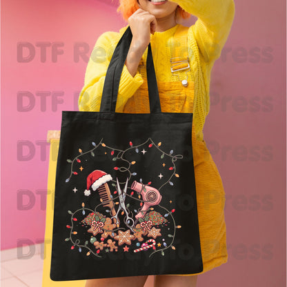Christmas Hairstylist Gingerbread DTF Transfers, Salon Scissors Dryer Holiday Lights Ready to Press