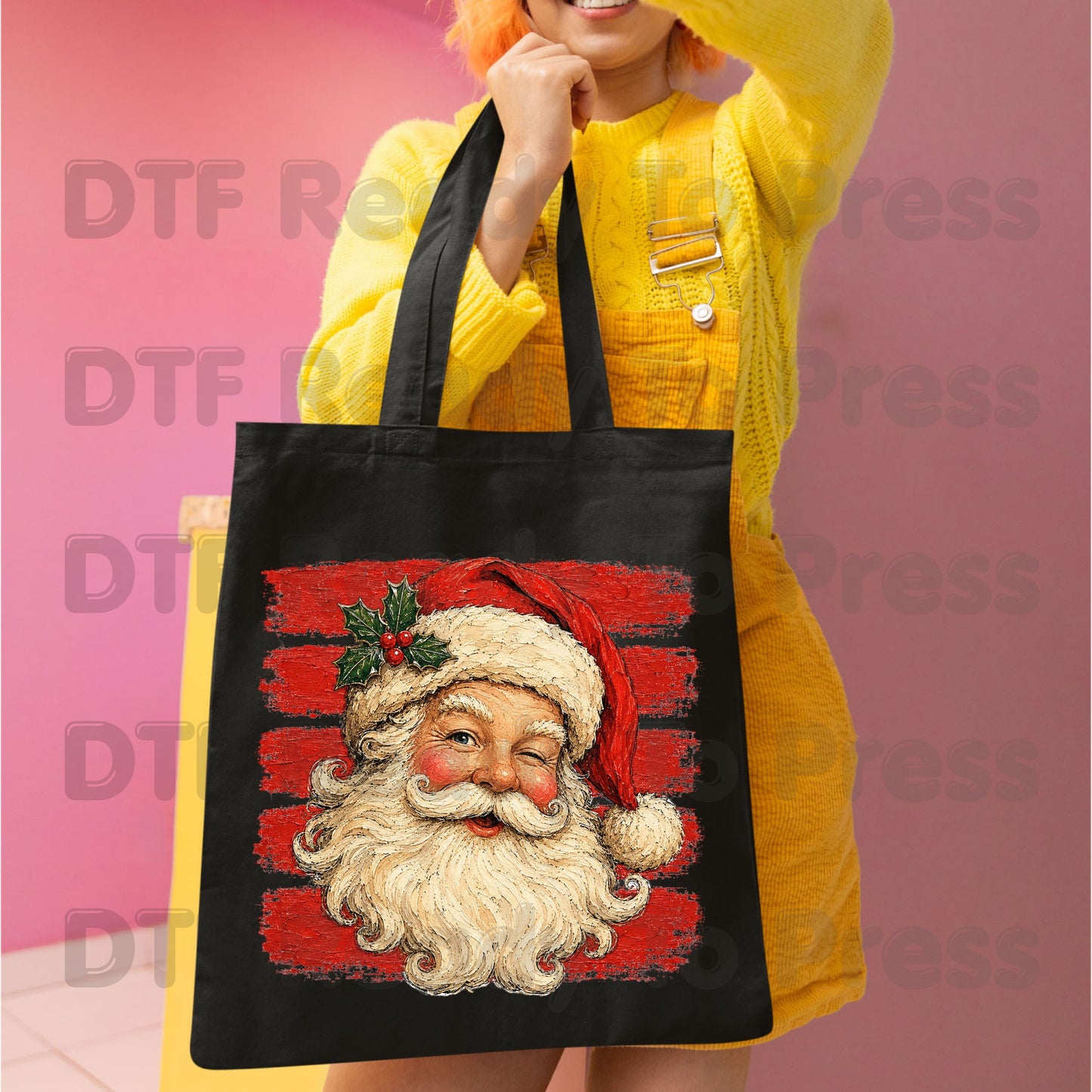 Vintage Winking Santa DTF Transfers, Retro Christmas Red Stripes Nostalgic Holiday Ready to Press