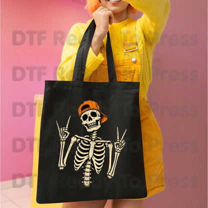 Cool Skeleton DTF Transfers, Rock On Peace Sign Halloween Orange Hat Ready to Press