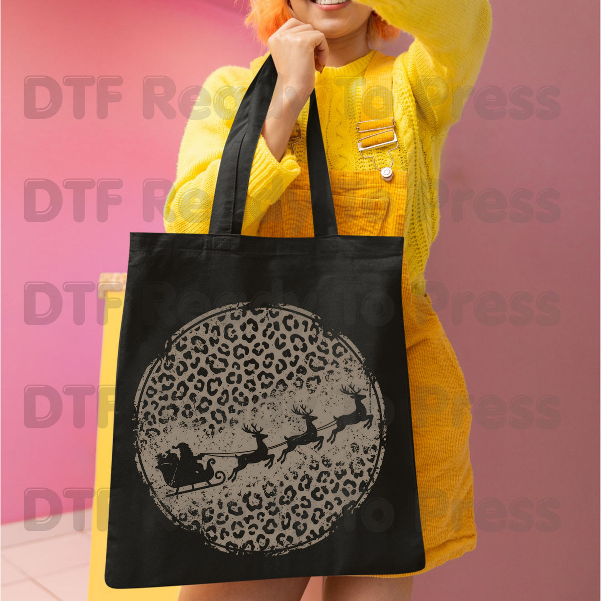Christmas DTF Transfer, Santa Sleigh and Reindeer, Leopard Print Circle Graphic