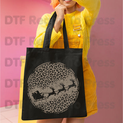 Christmas DTF Transfer, Santa Sleigh and Reindeer, Leopard Print Circle Graphic