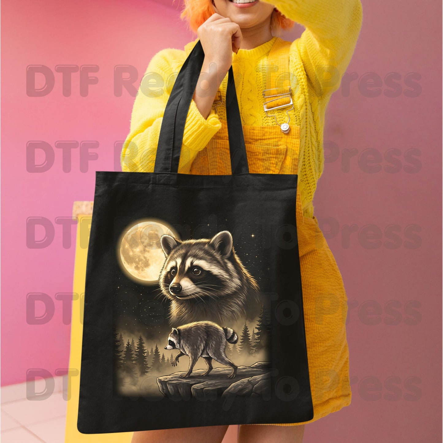 Vintage Raccoon Full Moon DTF Transfers, Forest Wildlife Trash Panda Outdoor Ready to Press