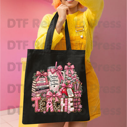 Christmas Pink Teacher Bow DTF Transfers, School Tumbler Leopard Holiday Ready to Press