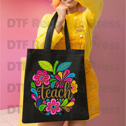 Teacher DTF Transfers, Teach Floral Apple Colorful Back to School Teacher Life Ready to Press