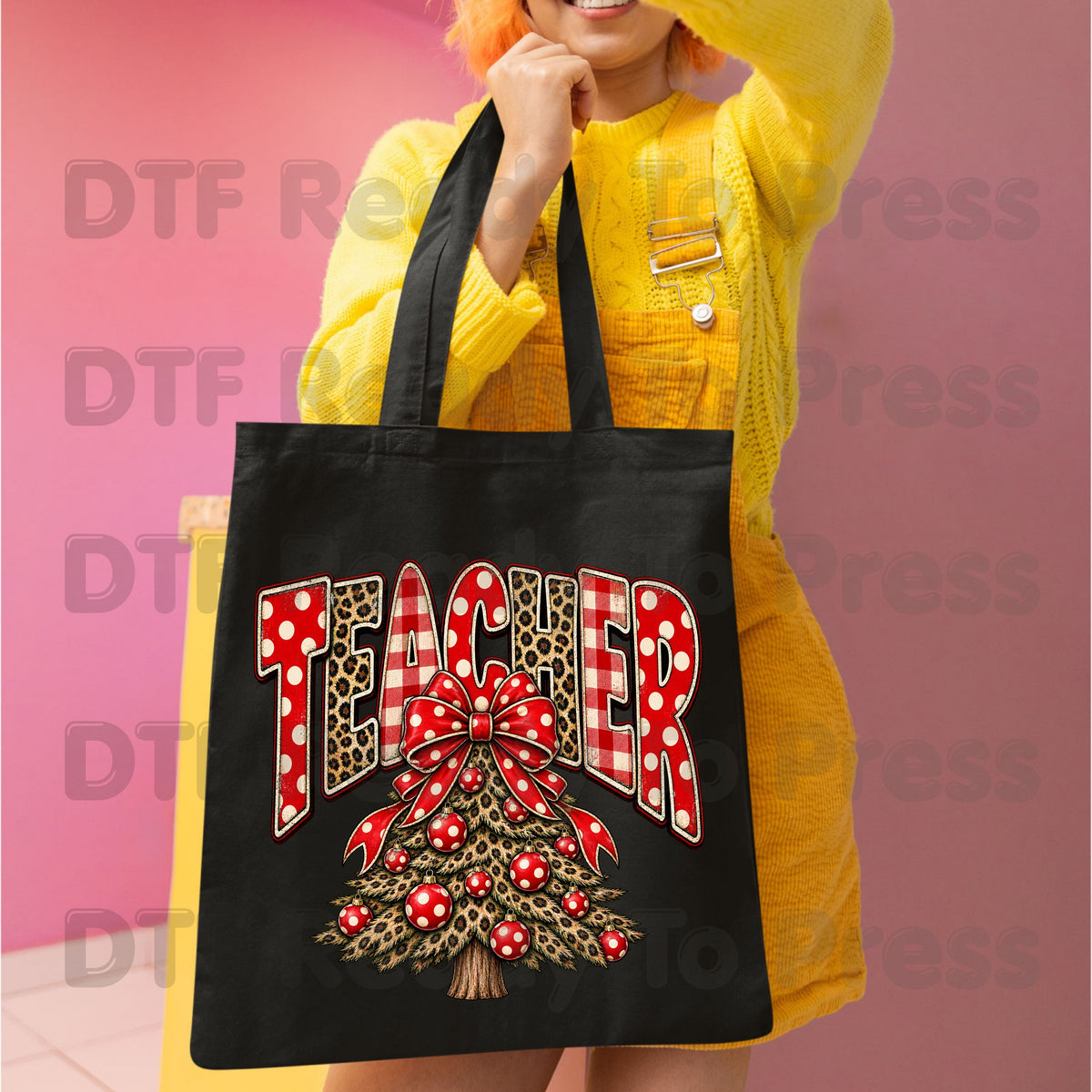 Christmas Teacher Tree DTF Transfers, School Leopard Plaid Red Bow Holiday Ready to Press
