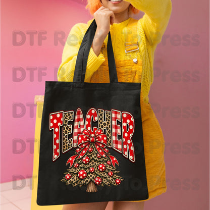 Christmas Teacher Tree DTF Transfers, School Leopard Plaid Red Bow Holiday Ready to Press