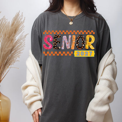 Senior 2027 DTF Transfer Ready to Press Graduation Heat Transfer for Shirts Groovy Retro Daisy Flowers Orange Checkerboard Tee