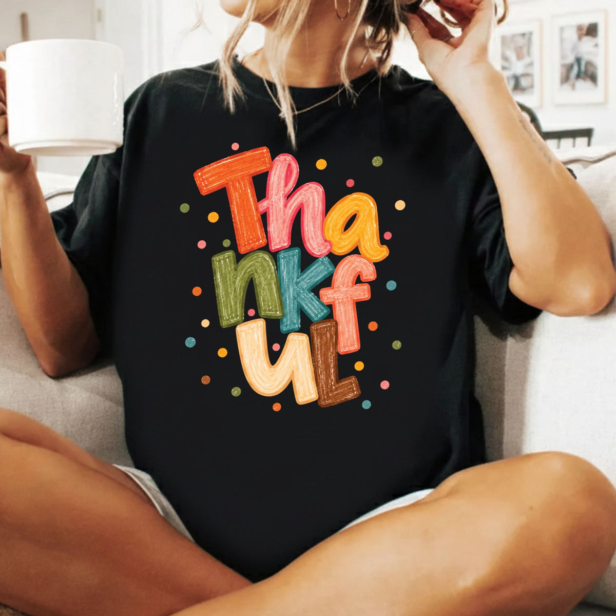 Thankful T-Shirt, Colorful Crayon Lettering Thanksgiving Tee, Fall Holiday Sweatshirt