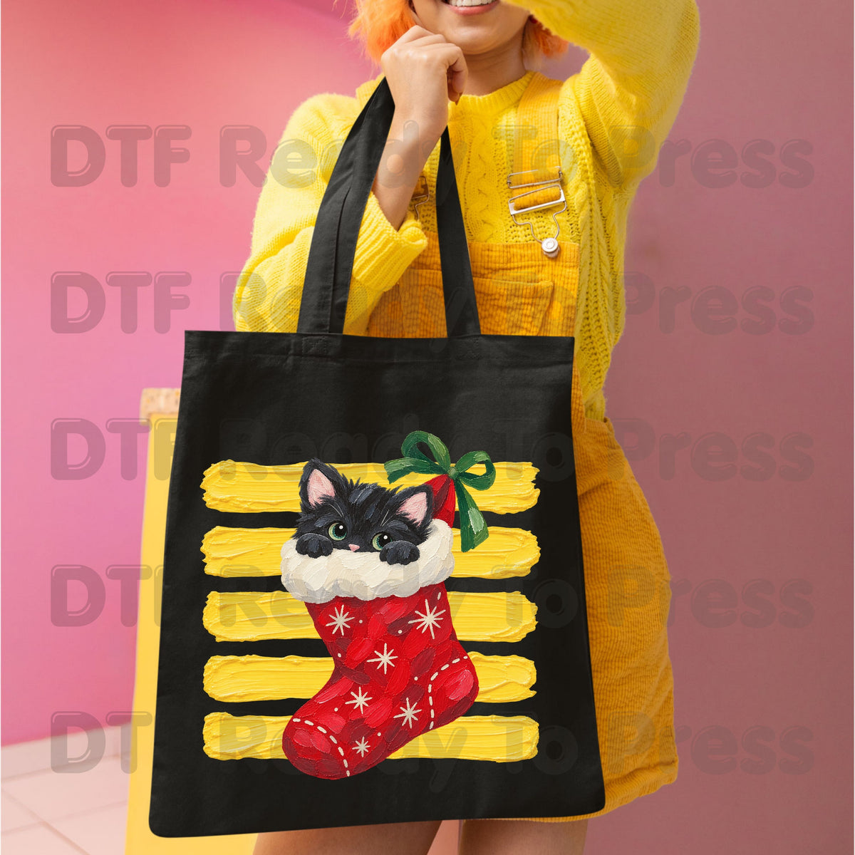 Christmas Black Cat DTF Transfers, Stocking Cute Kitten Holiday Ready to Press