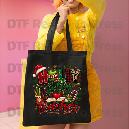 Holly Jolly Teacher DTF Transfers, Christmas School Apple Leopard Book Plaid Holiday Ready to Press