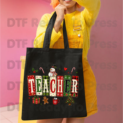 Christmas Teacher Snowman DTF Transfers, School Gingerbread Plaid Holiday Ready to Press