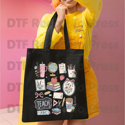 Cute Teacher Supplies DTF Transfers, Coquette Aesthetic Books Coffee Globe Teach Pink Bows Back to School Ready to Press
