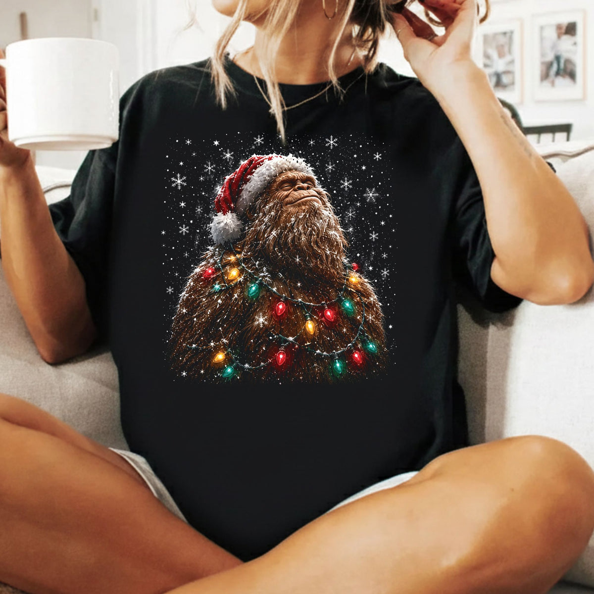 Santa Bigfoot T-Shirt, Christmas Sasquatch Lights Tee, Funny Holiday Sweatshirt
