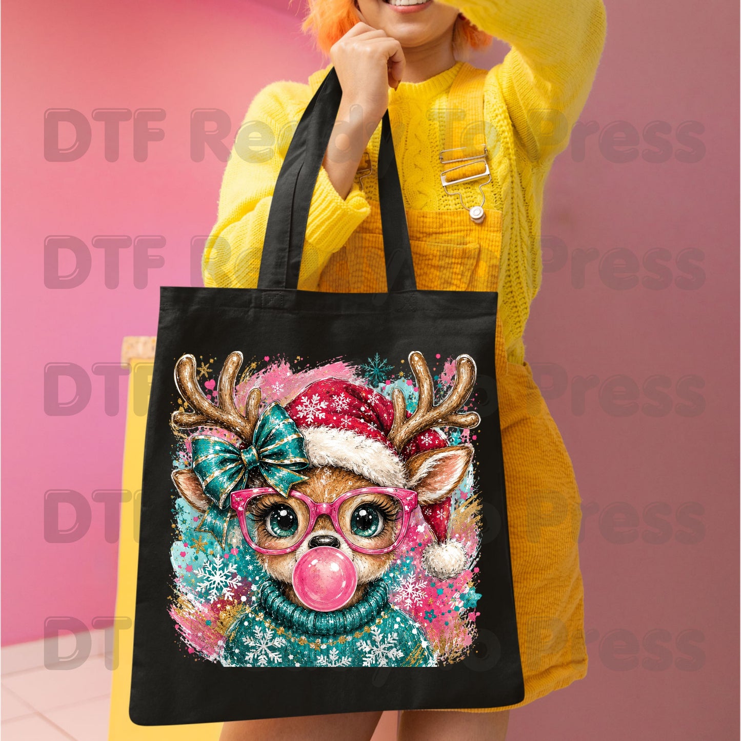 Christmas Reindeer DTF Transfers, Pink Glasses Bubblegum Deer Santa Hat Cute Ready to Press