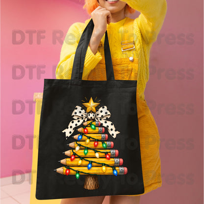 Christmas Teacher Pencil Tree DTF Transfers, School Polka Dot Bow Lights Holiday Ready to Press