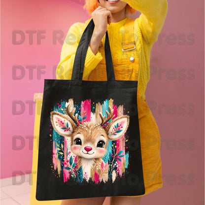 Cute Christmas Reindeer DTF Transfers, Colorful Floral Antlers Pink Teal Gold Holiday Ready to Press.