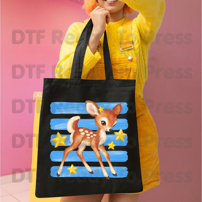 Vintage Baby Deer DTF Transfers, Fawn Stars Blue Stripes Cute Christmas Holiday Ready to Press