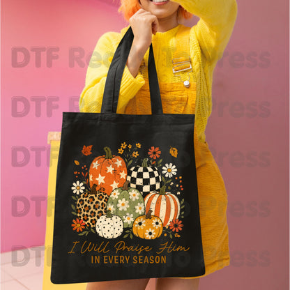 Halloween I Will Praise Him In Every Season DTF Transfer Ready to Press Fall Pumpkin Heat Transfer For Shirts Floral Leopard Retro Print