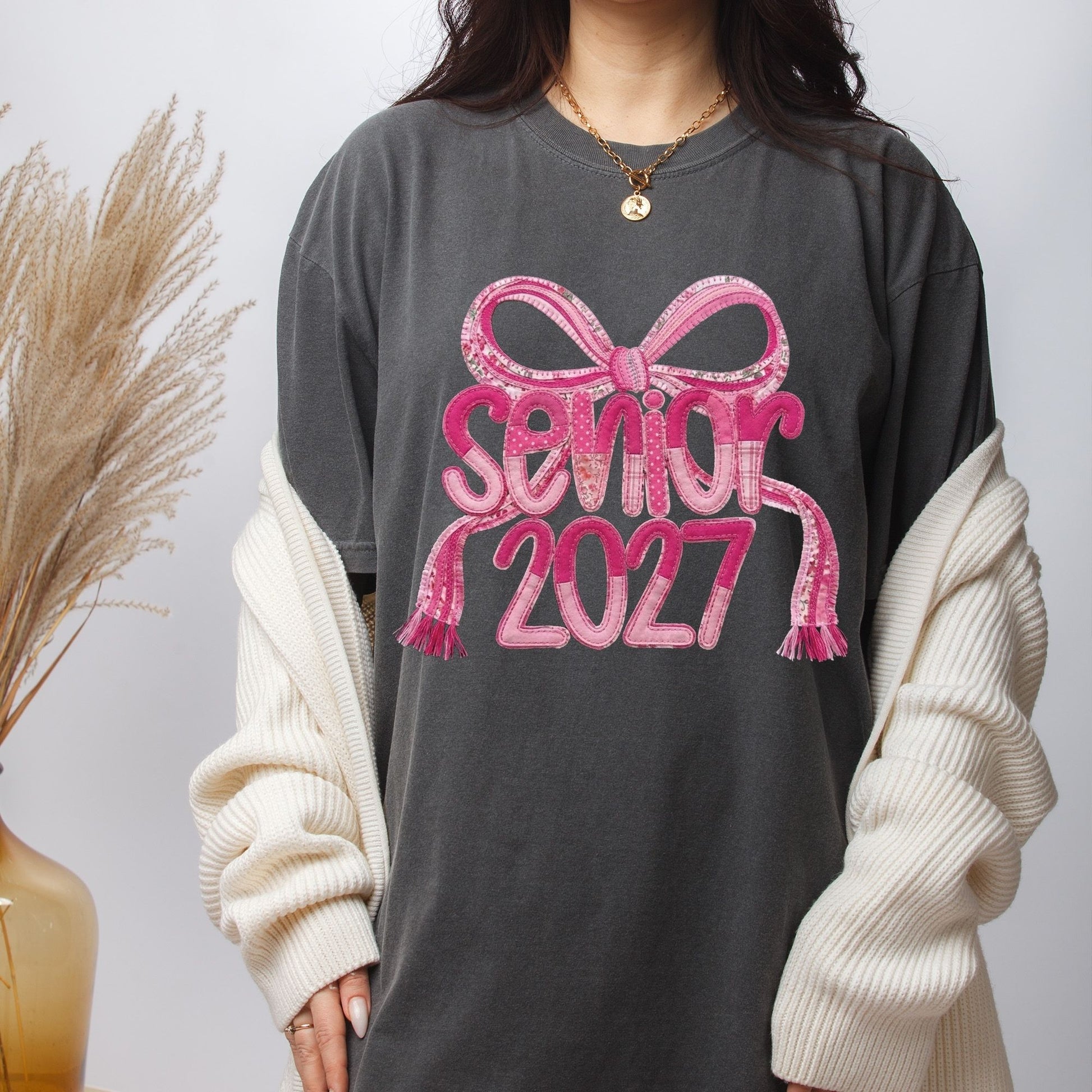 Senior 2027 DTF Transfer Ready to Press Graduation Heat Transfer for Shirts Pink Quilted Stitch Bow Patch Graphic Tee